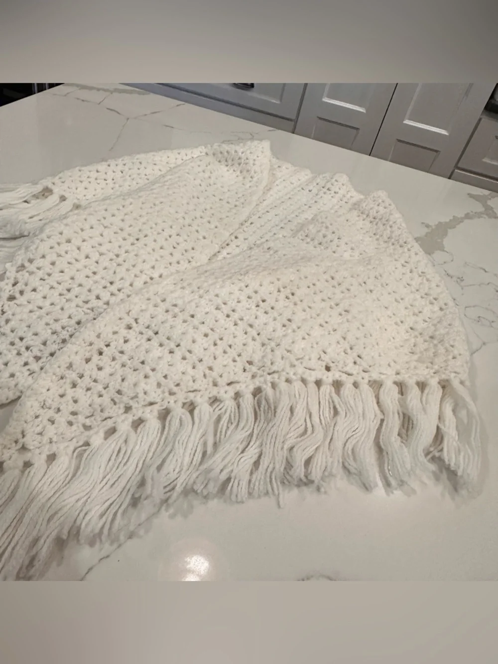 Handmade White Crochet Shawl Wrap With Tassels One Size Granny Cottage Boho